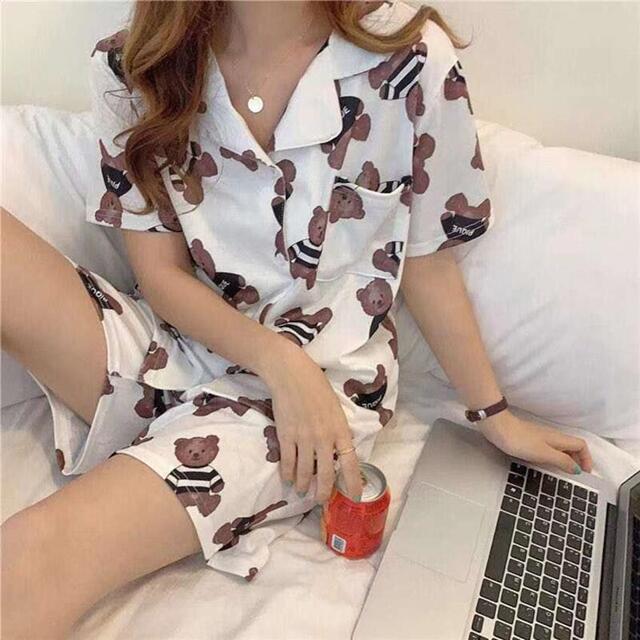 Summer Girl Sweet And Cute V-Neck Short-Sleeved Shorts Thin Suit Comfortable Silk Women's Home Service 2Piece Set Female Pajamas