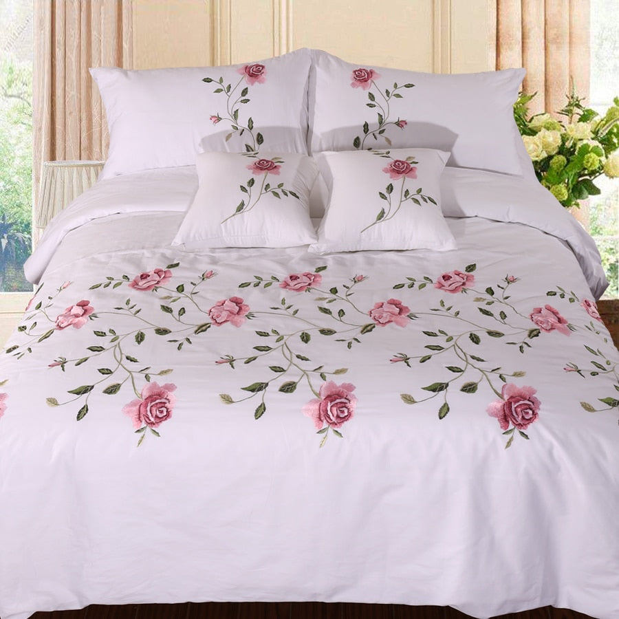 Cotton Soft Bedding set Bed linen Flowers Embroidery White Pink Grey Duvet Cover 220x240 Bed sheet Twin Full Queen King size