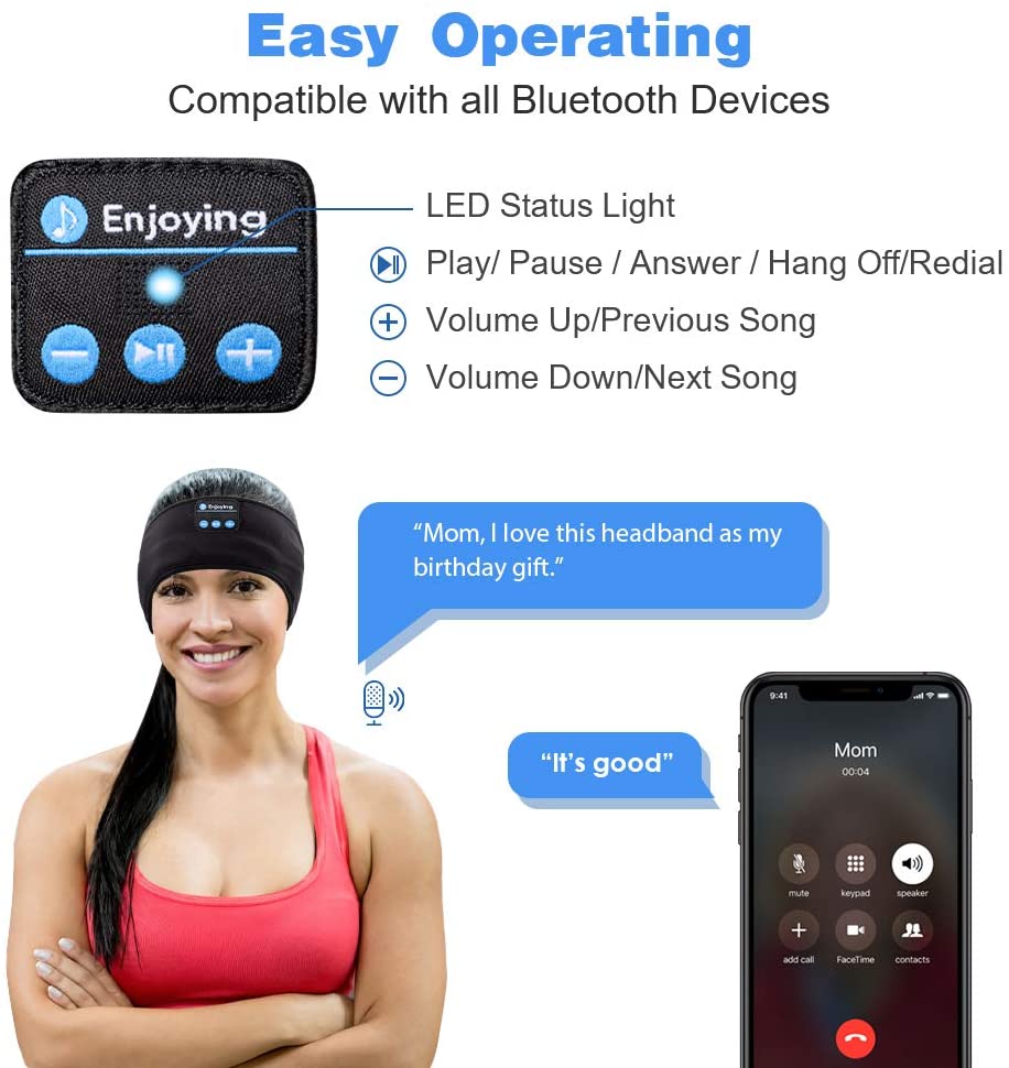 Wireless Bluetooth 5.0 Music Headband Sleep Headphones MIC Hat Man Women Hands-free Sleeping Sports Earphone for Side Sleepers