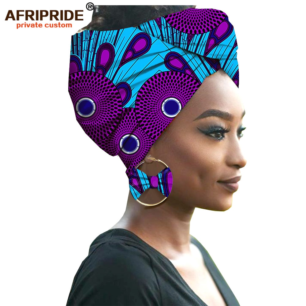 2020 fashion african headwraps+earings 2 piece sets for women bazin riche african head scarf pure cotton A19H002 AFRIPRIDE