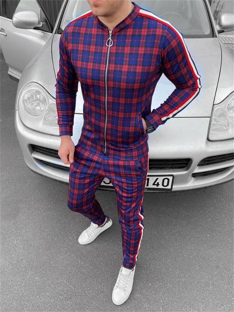 Muscle brothers 2021 new 3D printing retro men's leisure sports men's suit Plaid stripe coat Long pants men's suit