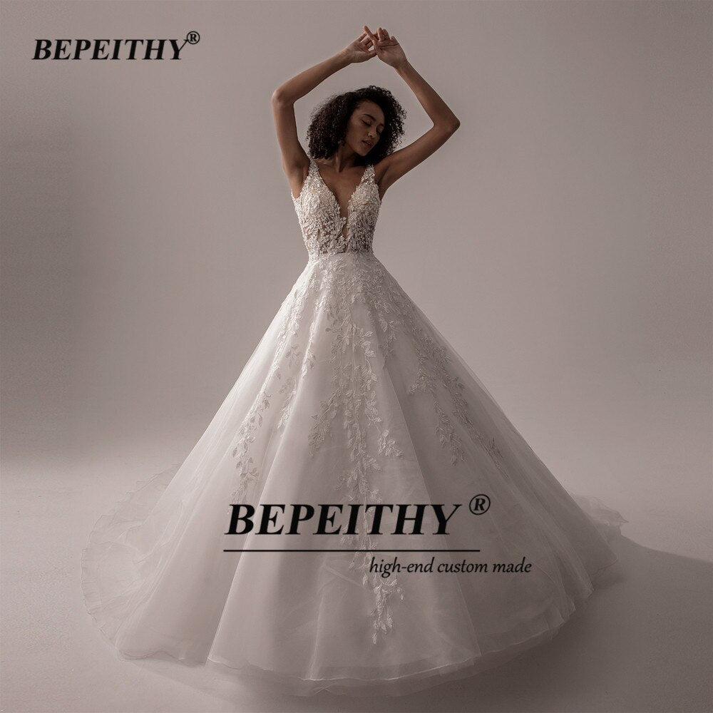 BEPEITHY Vestido De Noiva V Neck Sleeveless Wedding Dresses 2021 For Women Open Back Ball Gown Lace Organza Bridal Gown New