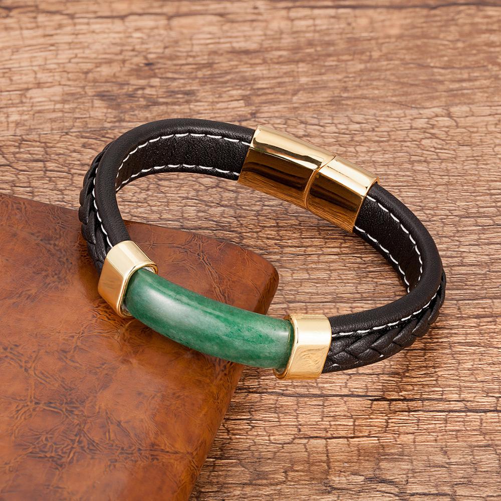 Natural Stone Men Bracelet Black Genuine Leather Rope Chain Stainless Steel Magnet Clasp Natural Stone Bracelets Male Jewelry