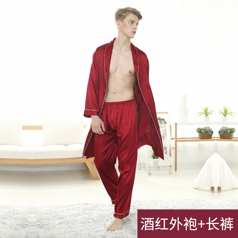 Men Plus Size Short Long Pants Bathrobe Soft Ice Silk Cool Pajamas Set Two Pieces Turn-Down Neck Long Sleeves Night Sleepwear