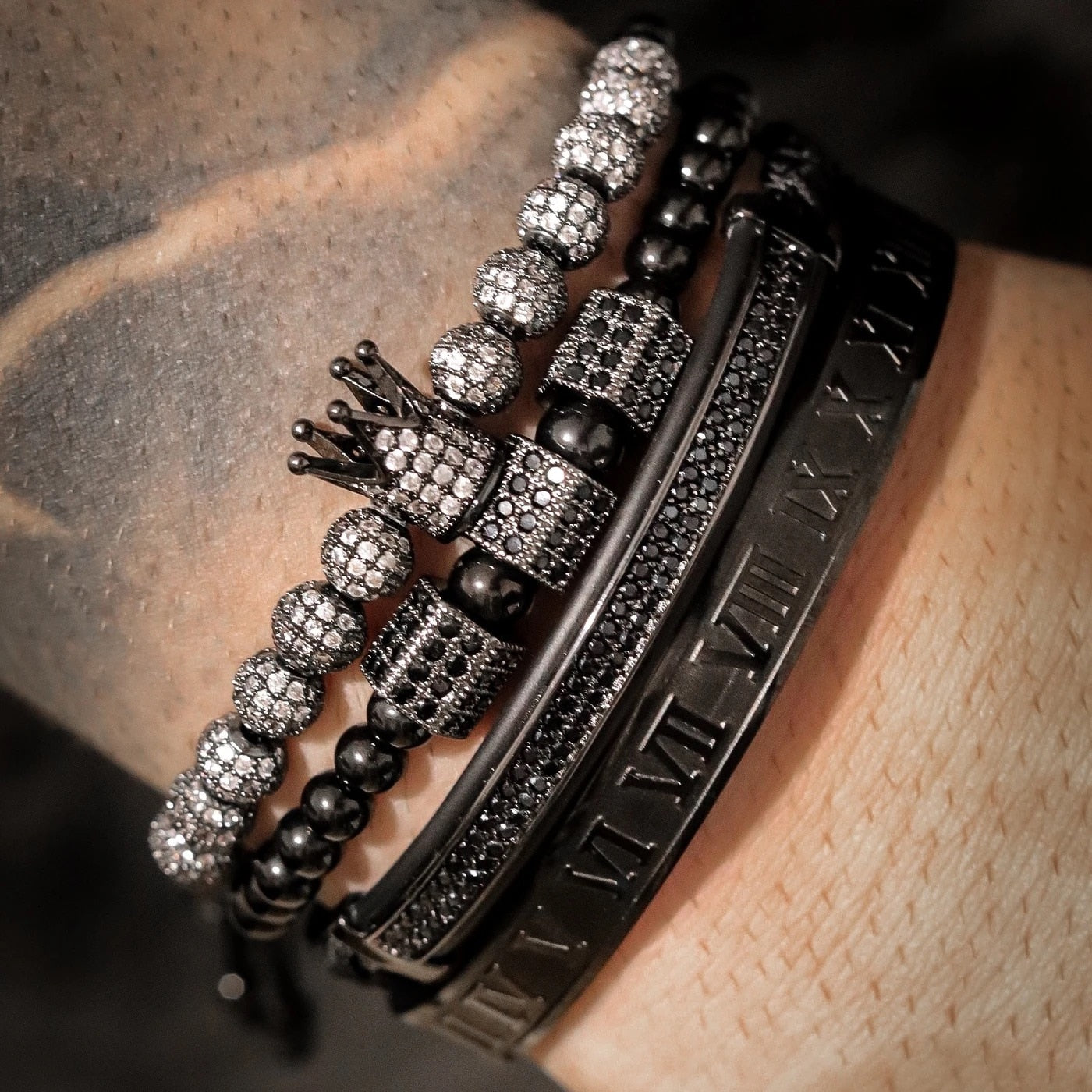 4pcs/set Hip Hop Braided Braiding Bracelet Men Pave CZ Zircon Crown Bracelet Luxury Jewelry