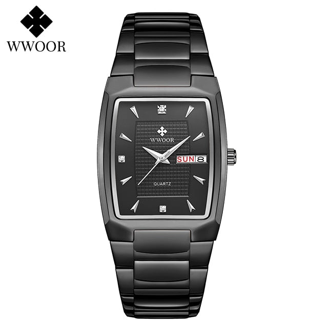 2021 WWOOR Luxury Gold Full Steel Watches Mens Square Quartz WristWatch For Men Sport Waterproof Week and Date Relogio Masculino