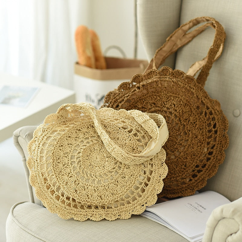 Hand-Woven Straw Bag Women Handmade Hollow Handbag Circle Shape Rattan Bag Big Capacity Summer Handbag Casual Travel Beach Bag