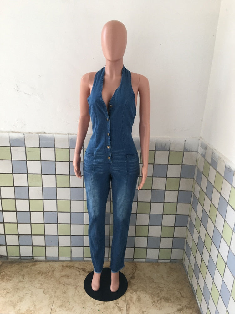 Backless Jeans Rompers Sexy Women Halter Bodycon Blue Denim Pencil Jumpsuit Overalls