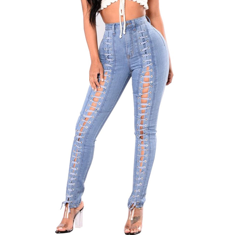 Woman High Waist Stretchy Jeans Lace Up Slim Women's Jean Fashion Pencil Skinny Jeans