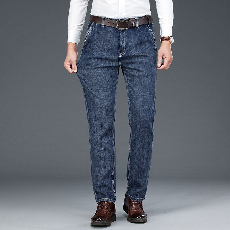 SHAN BAO 2021 autumn winter brand soft Yassel cotton stretch straight denim jeans classic pocket men's business casual trousers