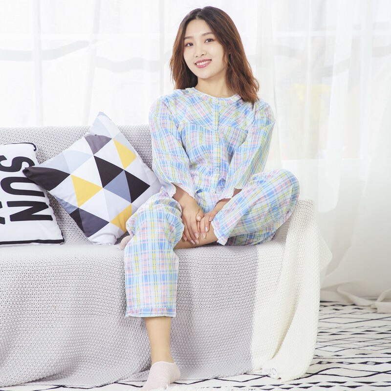 100% Cotton Women Pajamas Sets with Pants Cotton Pijama Plaid Spring Summer Pyjamas Sleepwear Cute Night Wear Nightsuits Mujer