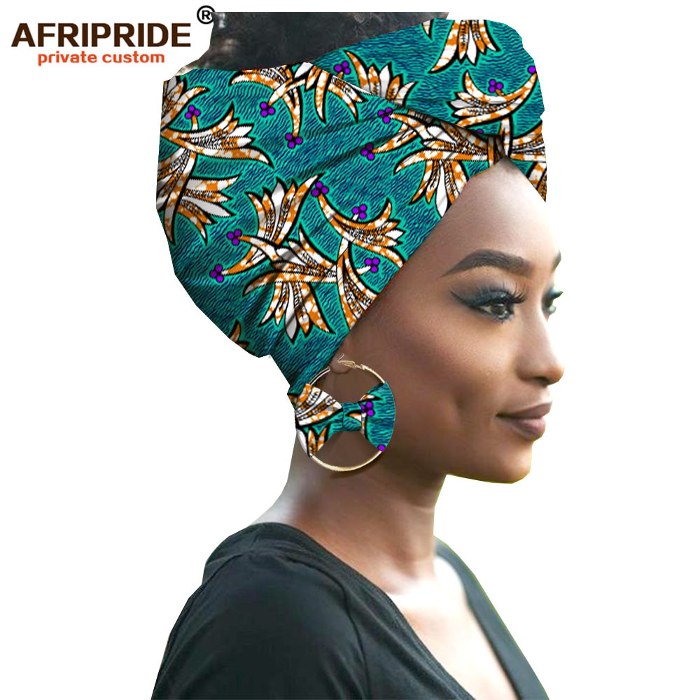 2020 fashion african headwraps+earings 2 piece sets for women bazin riche african head scarf pure cotton A19H002 AFRIPRIDE