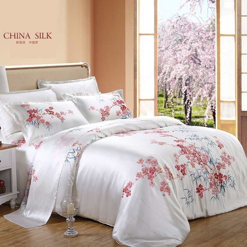 19mm Duvet Cover Queen 100% Silk 4pcs Bedding Set Printed Soft and Breathable with Zipper Closure & Corner Ties Pink White