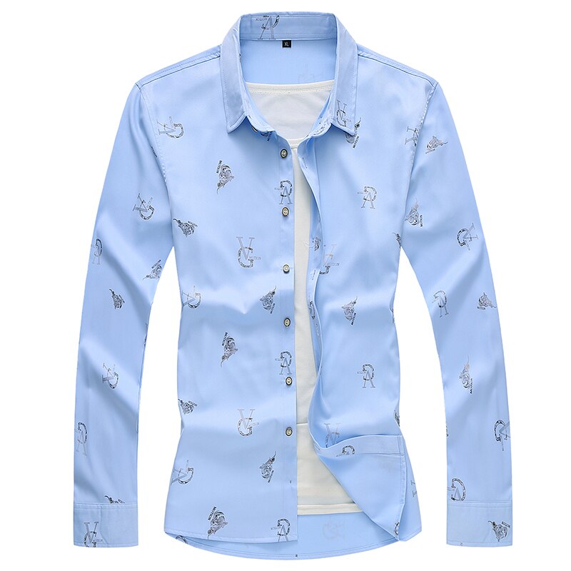 Brand Men's Fashion Long Sleeve Shirt Spring Autumn Slim fit Business Casual Print Shirts Male Plus Size 5XL 6XL 7XL