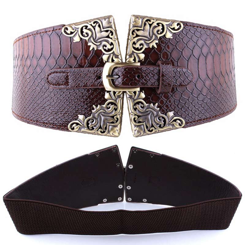 Fashion Wide Waist Belt Metal Round Buckle Punk Belts Stretchy Dress Waistband Pu Leather Cummerbunds European Style Lady Belts