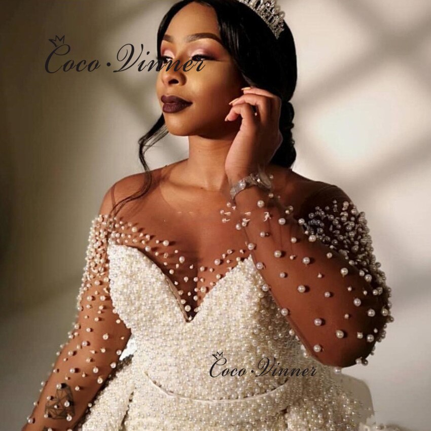 Heavy Pearls Beaded Luxury Wedding Dress 2 in 1 Design One Mermaid Dress With Detachable Train 2021 Wedding Gown Women W0703