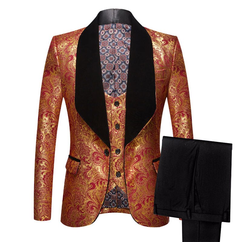 PYJTRL Mens Three-piece Set Wedding Suits Gold Floral Pattern Slim Fit Party Prom Dress Tuxedo Singers Costume Smoking Uomo