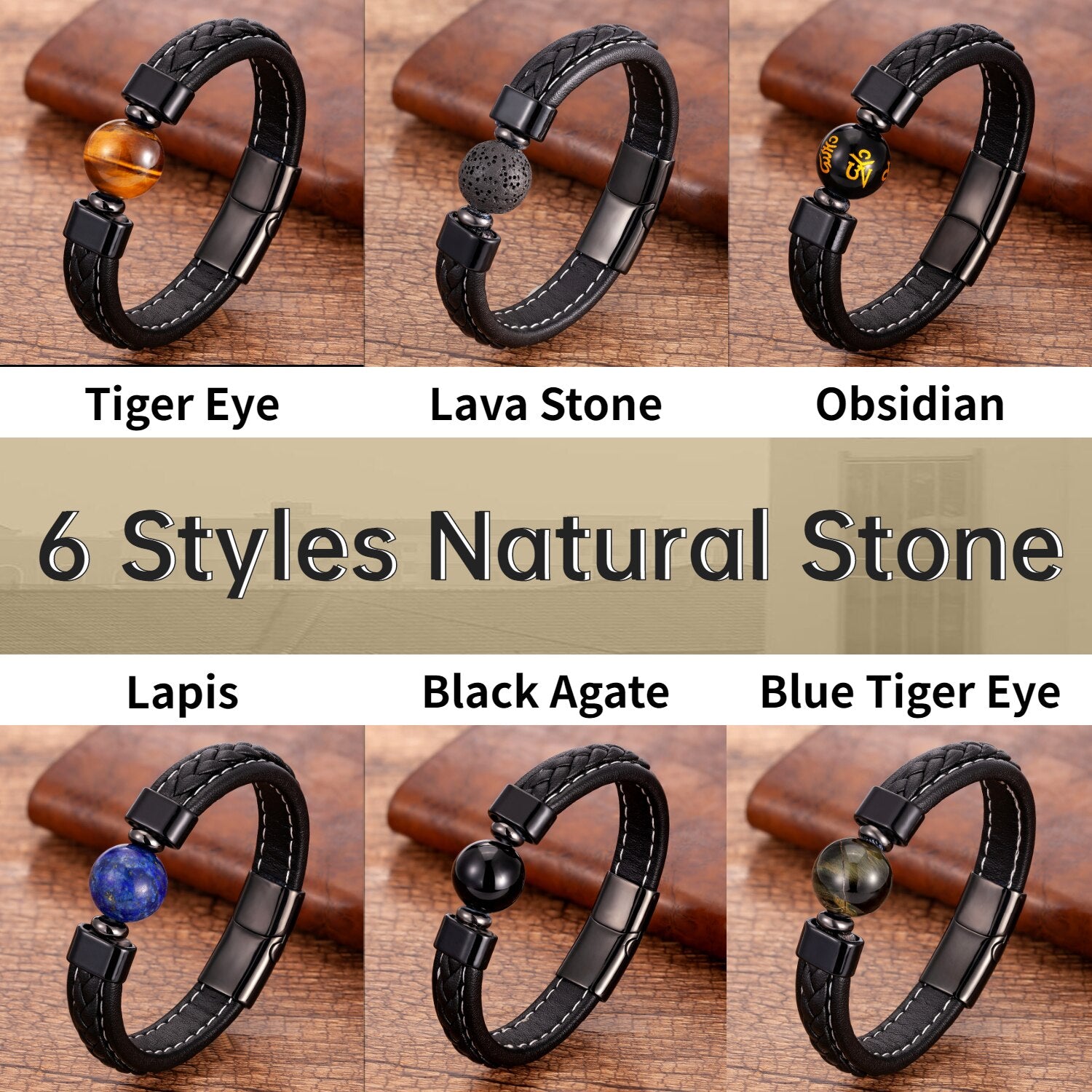 Trendy Genuine Leather Bracelets Men Stainless Steel Clasp Charm Bracelet For Male 6 Style Natural Tiger Eye Lava Stone Jewelry