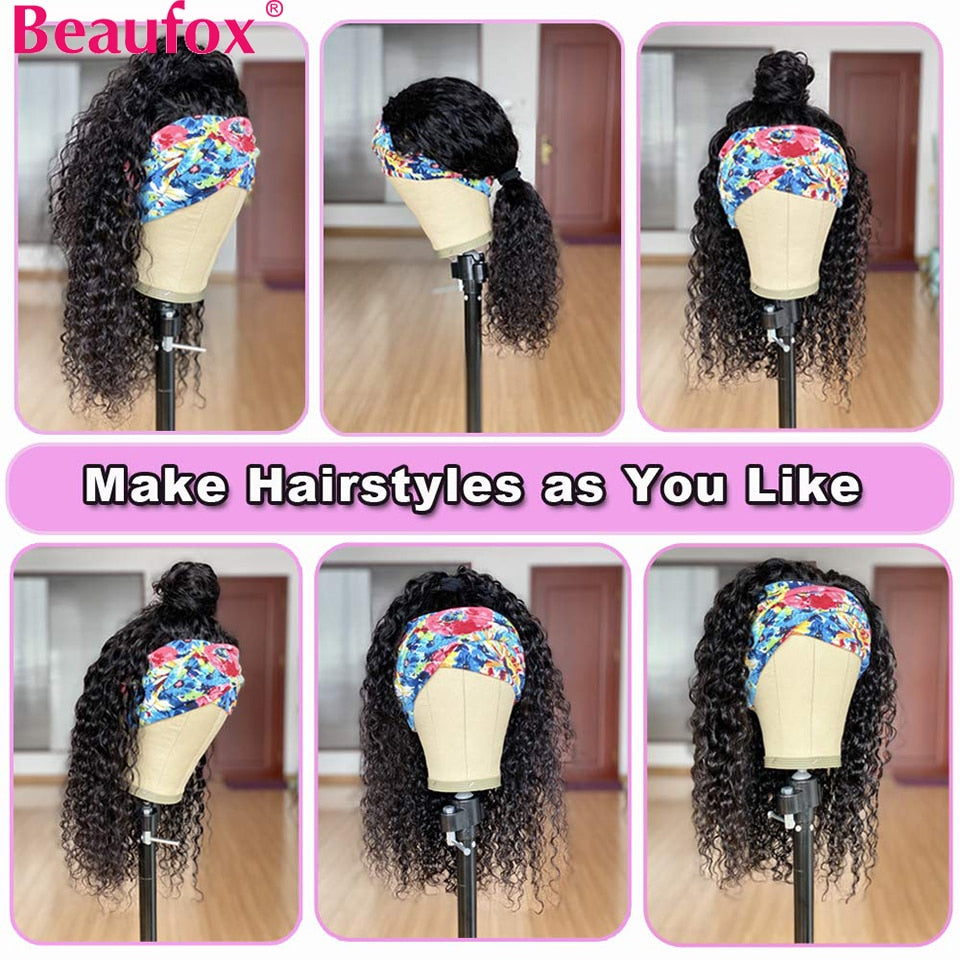 Beaufox Water Wave Headband Wig Human Hair Wigs For Black Women Brazilian Scarf Wig No Gel Glueless Remy Curly Human Hair Wigs