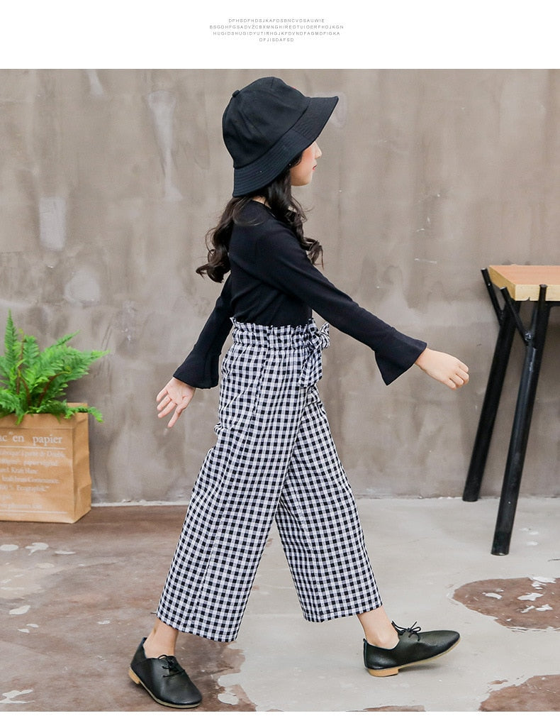 2020 Kids Girls Clothes Sets Long Sleeve T-shirts + Plaid Wide Leg Pants Autumn Children's Clothing Teenage for 7 8 10 12 Years
