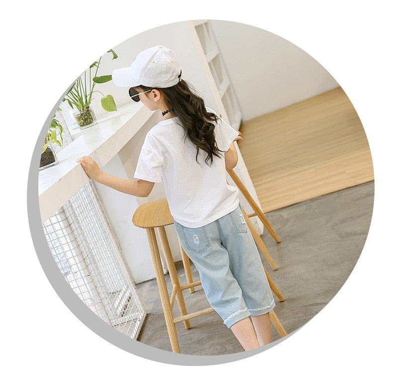 Kids Summer Clothes Set for Girl White T Shirt And Ripped Jeans Children Outfits 6 8 10 12 Years Girls Clothing Suits