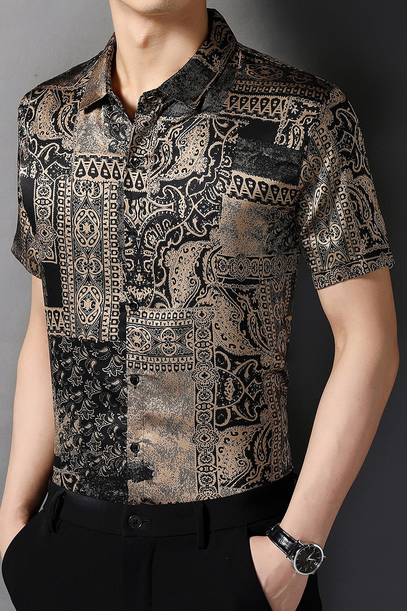 Luxury Retro Short Sleeve Shirt Men Summer Business Casual Dress Shirt Streetwear Button Up Shirt Men Clothing Camisa Masculina