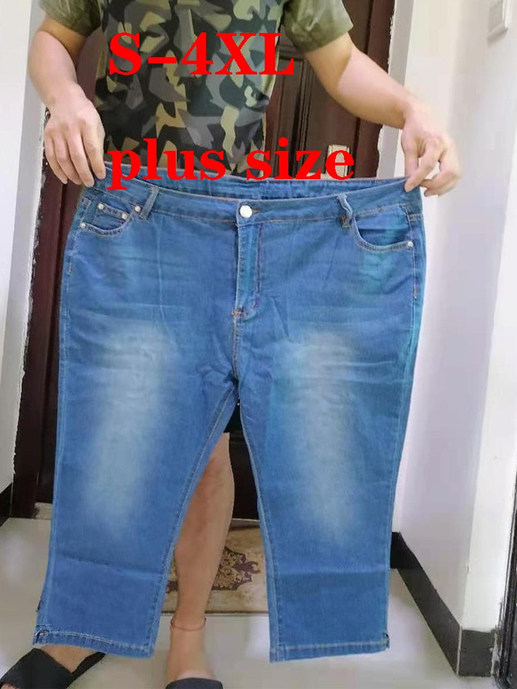 4XL Plus Size Jeans Women's Capri Pants Summer Breeches Mid Waist Washed Denim Shorts Calf-Length Cotton Casual Clothing