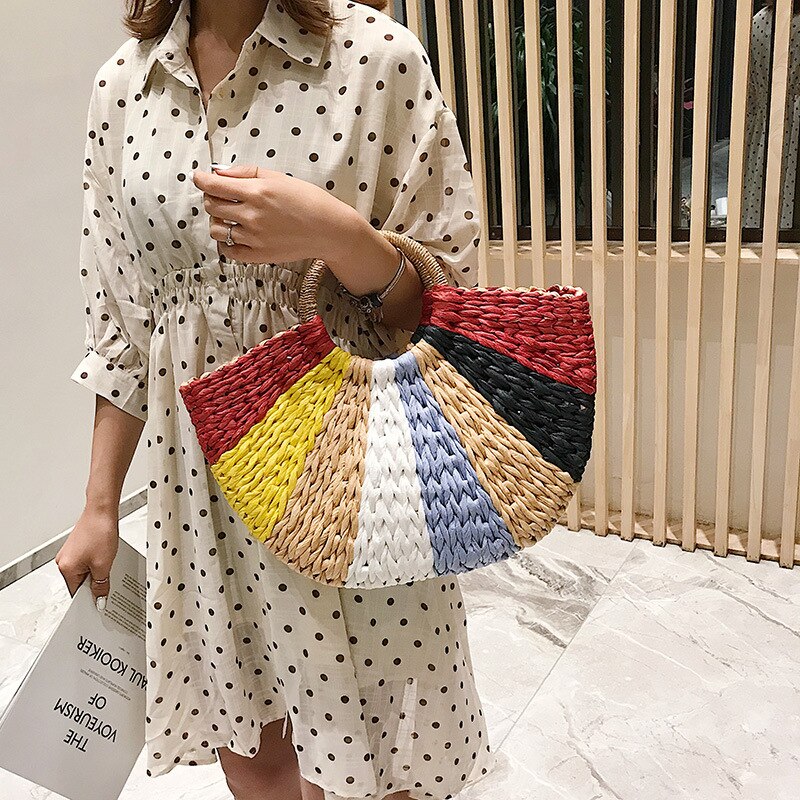 Women Handbag Summer Beach Bag Rattan Woven Handmade Knitted Straw Large Capacity Totes Leather Women's Shoulder Bag Bohemia New