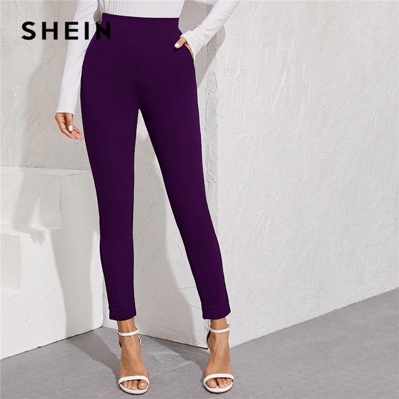 SHEIN Solid Elastic Waist Pocket Side Split Hem Elegant Pants Women Bottoms Autumn High Waist Office Ladies Skinny Trousers - Surprise store