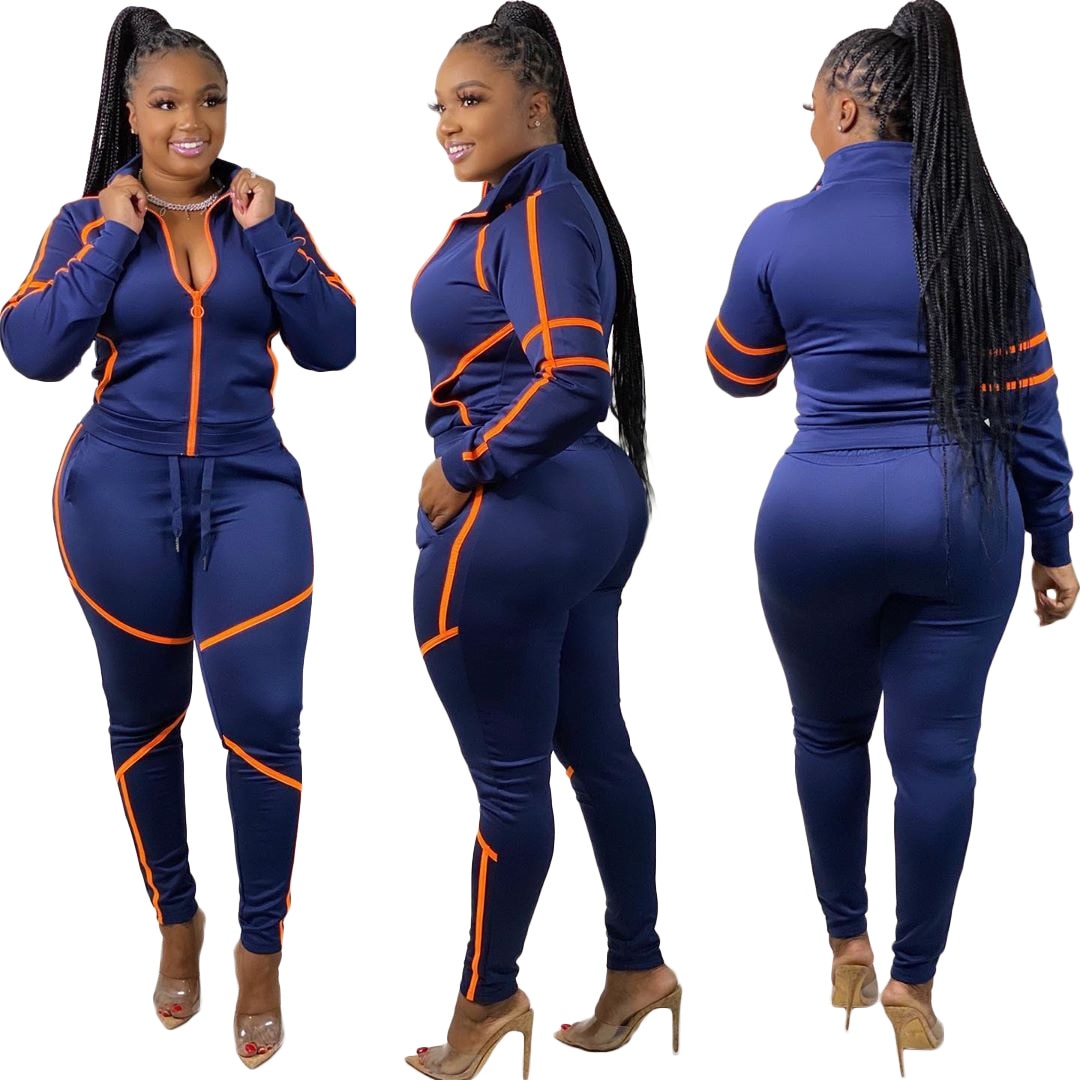 3XL Plus Size Tracksuit 2 Piece Women's Sets Zipper Stand Collar Tops And Jogging Pant Suit Autumn New Dark Blue Sportswear Set