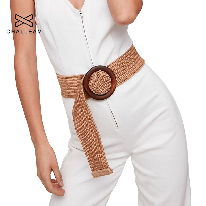 Round Wooden Buckle Dress Belt For Women Casual Female Braided Wide Strap Female Designer Woven Girls Elastic PP Straw Belts 111