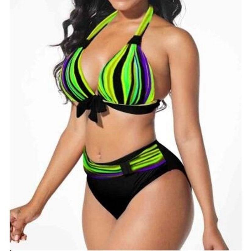 S-5XL Plus Size Neon Striped Bikini Set Push Up Women High Waist Halter Beach Swimwear Retro Bowknot Bathing Suit Swimming Suit - Surprise store