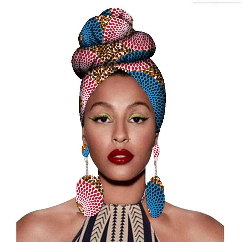 2020 fashion african headwraps+earings 2 piece sets for women bazin riche african head scarf pure cotton