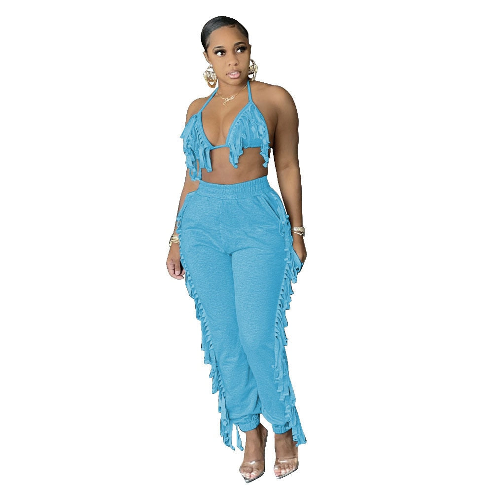2021 Summer Women Two Piece Fashion Sexy Halter Top High Waist Fringed Stretch Pants Trousers Casual Party Club Clothing Women