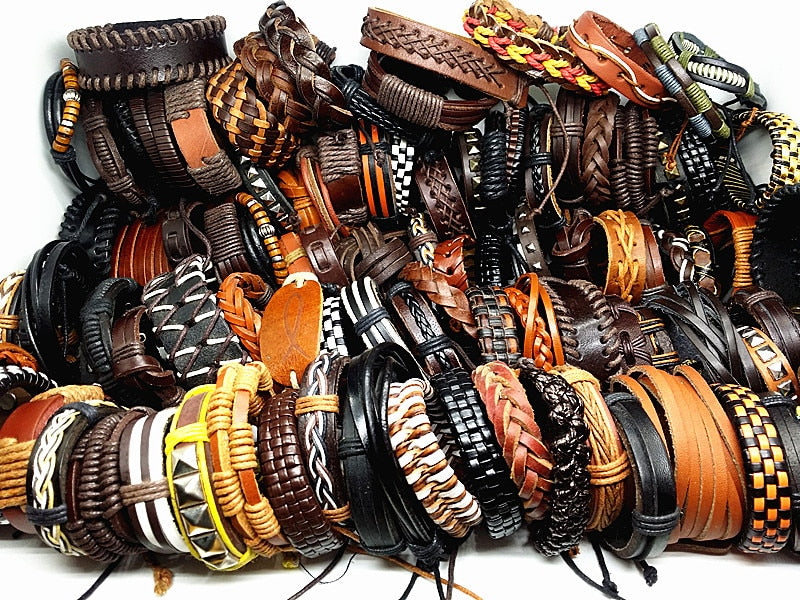 MixMax 50pcs/pack assorted retro Handmade men's top Genuine Leather tribal surfer cuff bracelets mix styles