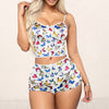 Ladies Pajama Set Cute Print Pattern Sleepwear Silk V Neck Sexy Pijama Satin Night Home Suits Wear Sleeveless Top And Shorts