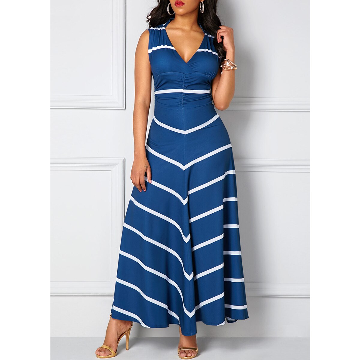 Summer Autumn Dress Women 2019 Elegant Sexy Deep V Neck Striped Ball Gown Maxi Dresses Casual Plus Size Slim Long Party Dress
