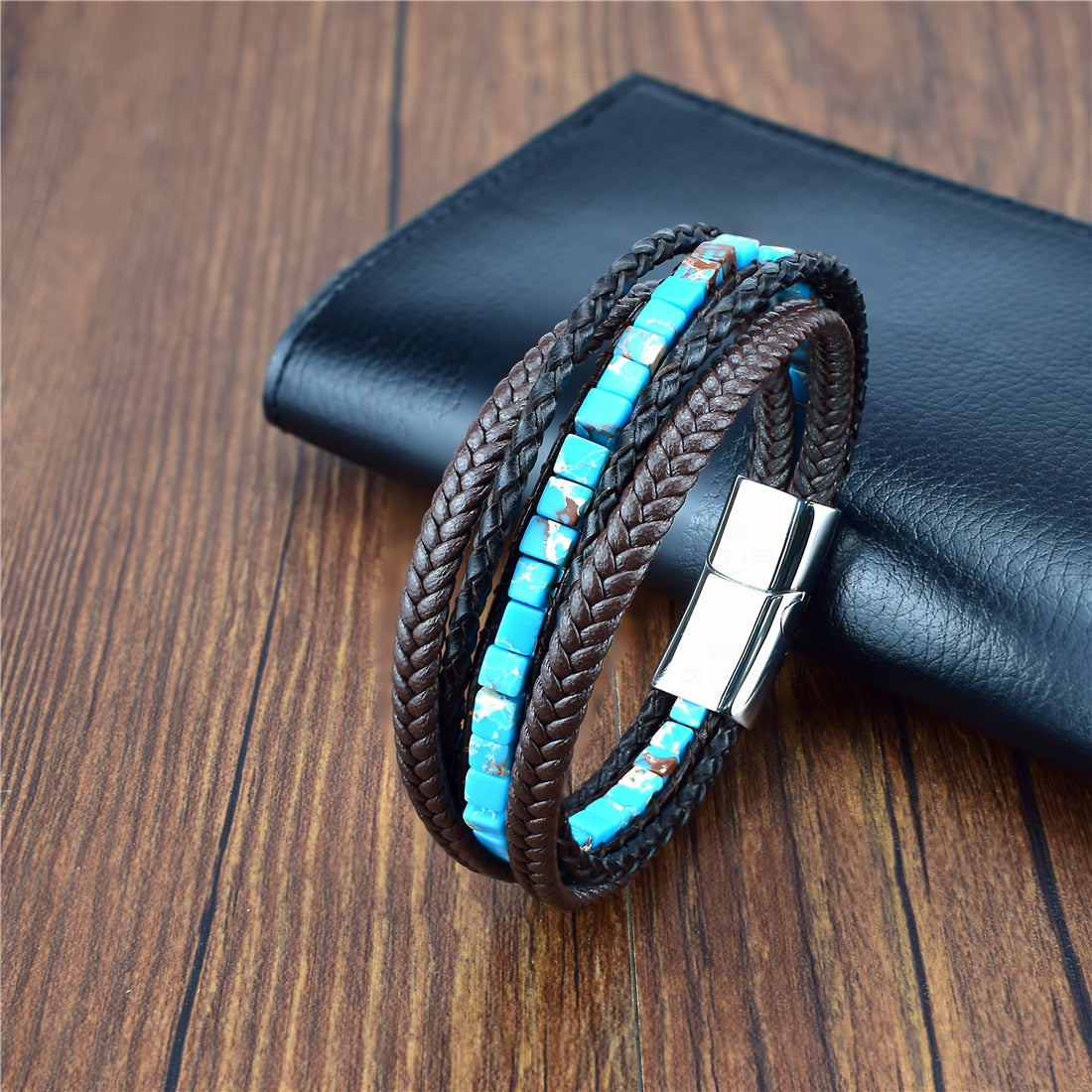 Multilayer Bracelet Natural Stone Genuine Leather Braided Wrap Bangle Stainless Steel Magnetic Clasp Bracelet Men Jewelry