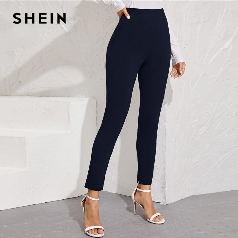 SHEIN Solid Elastic Waist Pocket Side Split Hem Elegant Pants Women Bottoms Autumn High Waist Office Ladies Skinny Trousers - Surprise store
