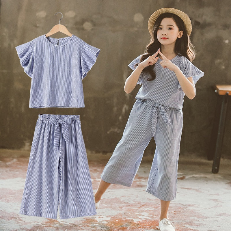 Korean Big Girls Summer Clothing Sets 2021 New Kids Striped Ruffle Sleeve +Wide Leg Pants Fashion Two-piece Teenage Outfits Set