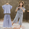 Korean Big Girls Summer Clothing Sets 2021 New Kids Striped Ruffle Sleeve +Wide Leg Pants Fashion Two-piece Teenage Outfits Set