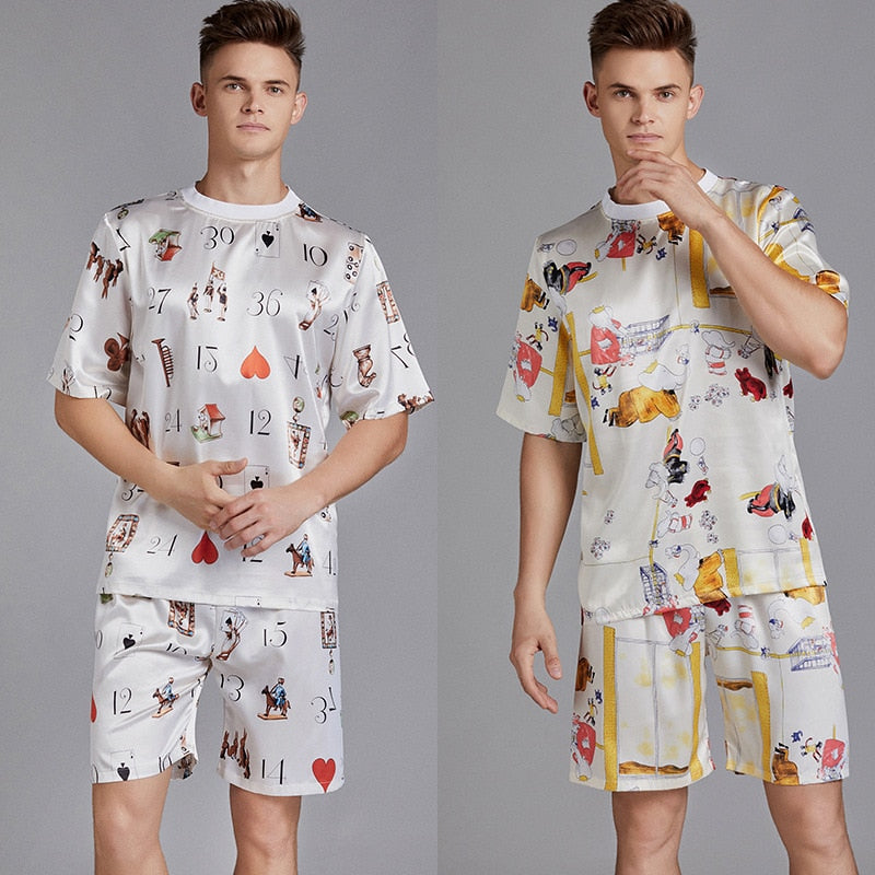 Summer Men Pyjama Set Print Satin Men Pajama Suit Short Sleeve Shorts Silk Pajama Man Sleepwear Spring Pajama Male Nightgown XXL