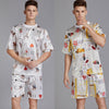 Summer Men Pyjama Set Print Satin Men Pajama Suit Short Sleeve Shorts Silk Pajama Man Sleepwear Spring Pajama Male Nightgown XXL
