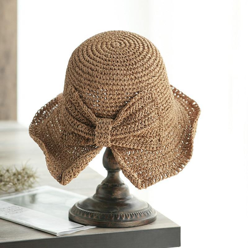 100%Raffia Bow Sun Hat Wide Brim Floppy Summer Hats For Women Beach Dome Bucket Hat Shade Hat - Surprise store