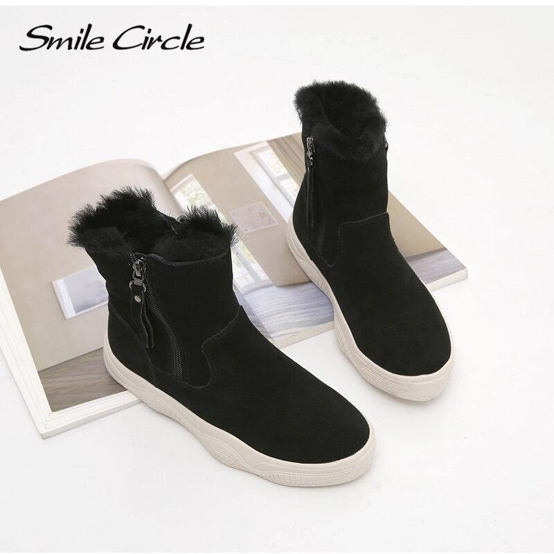 Smile Circle Suede Leather Ankle Boots Women Natural fur Warm Snow Boots Zipper Easy to wear Flat Boots Winter Ladies Shoes - Surprise store