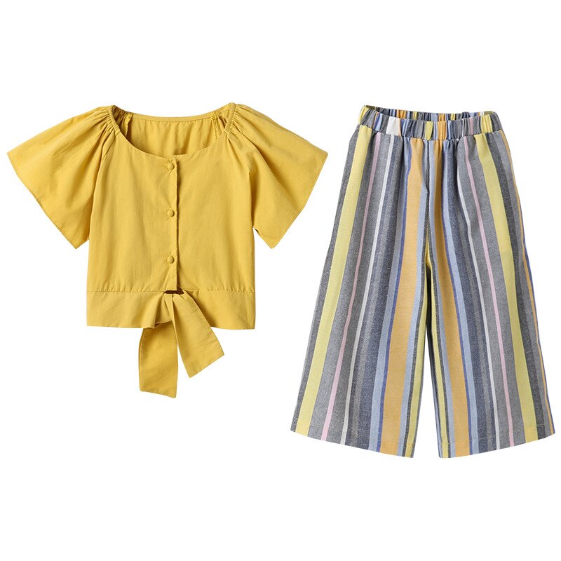 Kids Girls Clothing Set 2021 Summer Fashion Bell Sleeve Top + Striped Pants Casual 2Pcs Set Boutique Outfits Big Girls Clothes