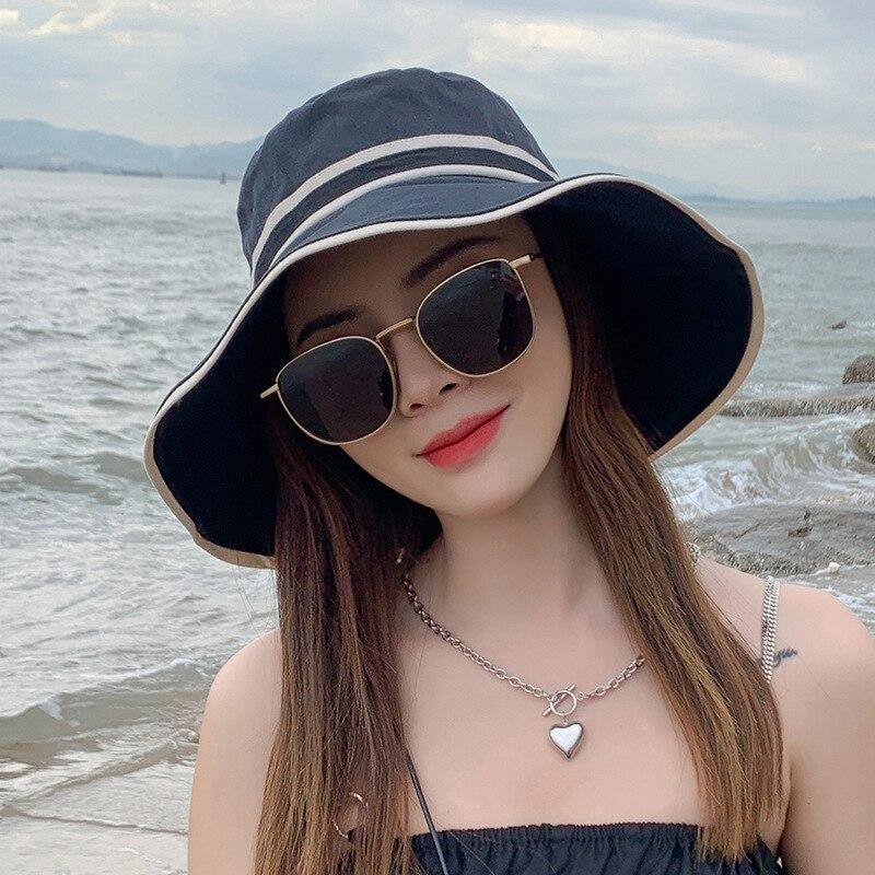 Women Sun Hat Bucket Cap Summer Beach Wide Brim With Chin Strap Foldable Travel Fashion Outdoor UV Protection Double Sided - Surprise store