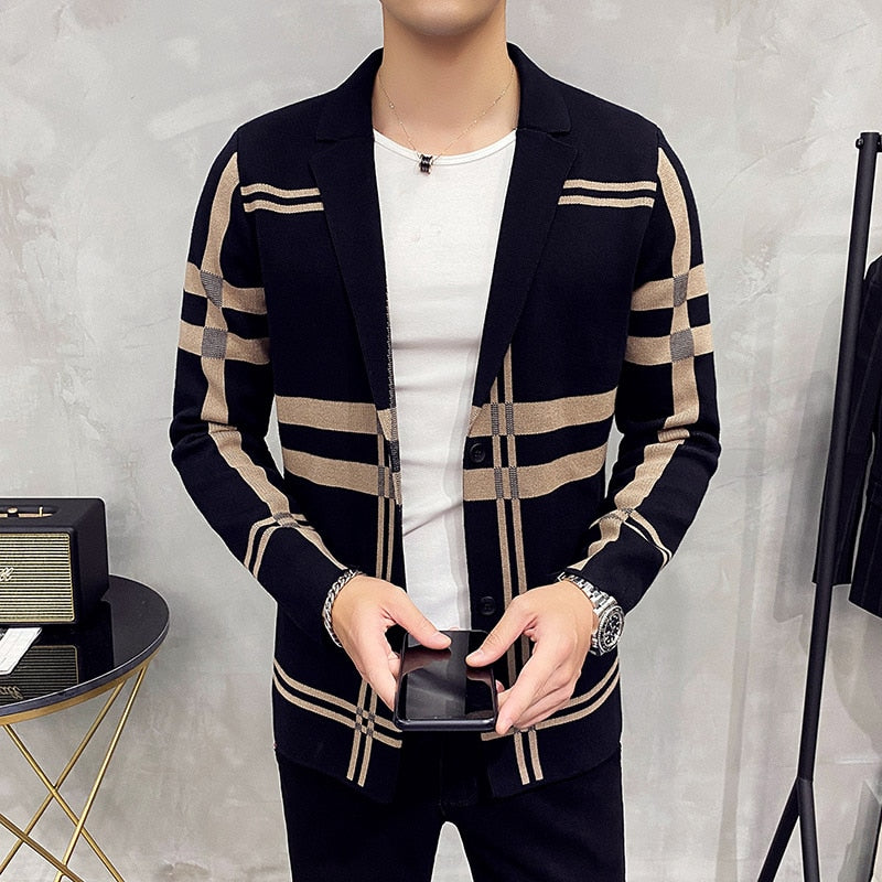 Sweater Jacket Men Fashion High Quality Brand Slim Striped Long Sleeve Suit Collar Cardigan Wool Jacket Coat