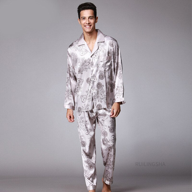 Spring Summer Men Ice Silk Pajama Sets Plus Size Turn-Down Collar Pijamas Dragon Print 2 Pieces Suit Fasinon Male Homewear