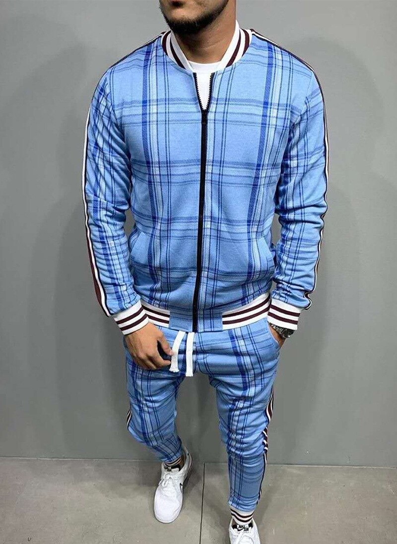 Muscle brothers 2021 new 3D printing retro men's casual sports stripe Plaid suit